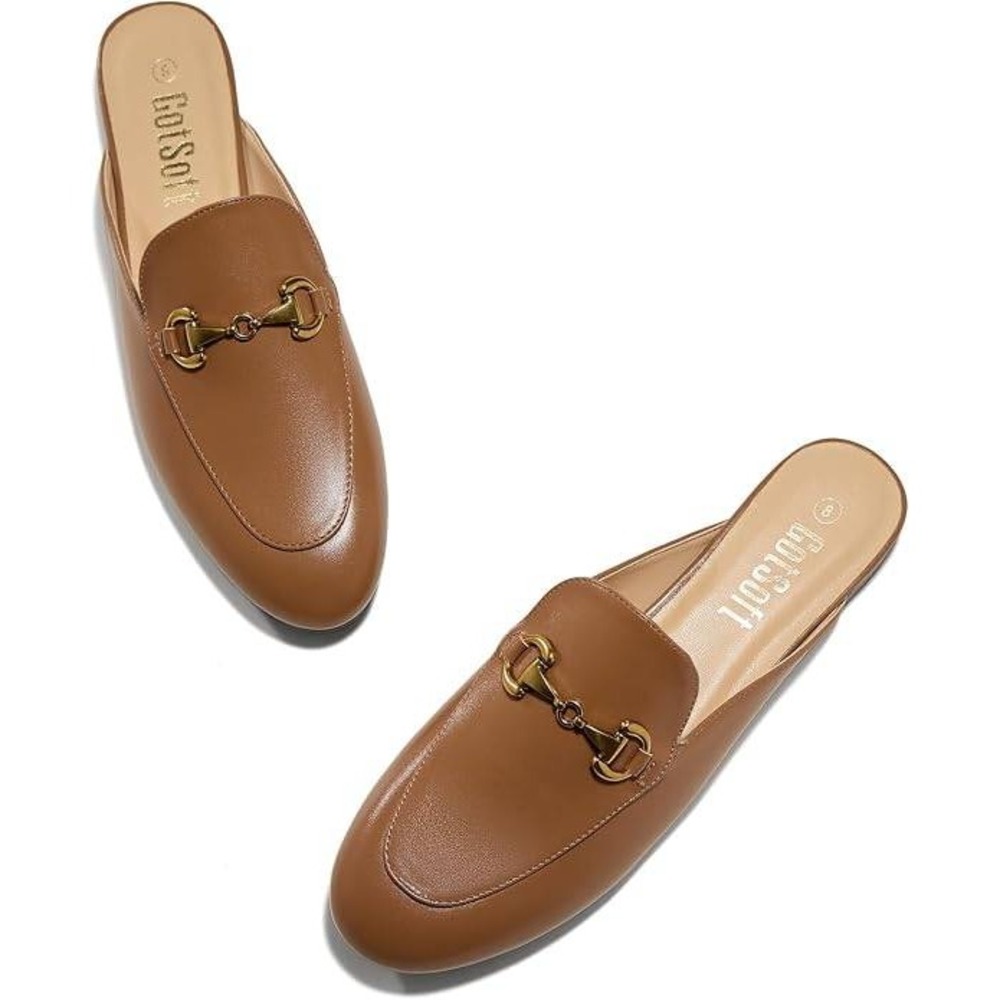 Cognac Leather Horsebit Backless Loafer Mules Bit Slides Lambskin NIB Sz 8